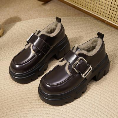 Туфли Maillard коричневые на высоком каблуке зимние с пальто на толстой подошве водонепроницаемые теплые хлопковые туфли с набивным рисунком пушистые женские мокасины