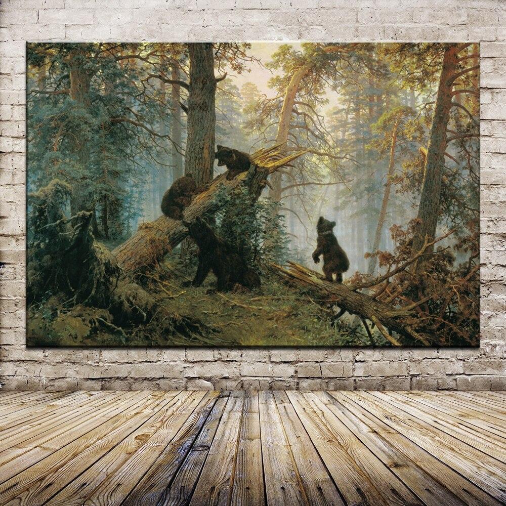 Oil Painting In the Morning On Pine Forest Bear, Cotton Print Shishkin Wall Art Image Decoration