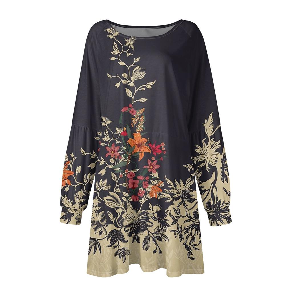 Модное женское платье трапециевидной формы с длинным рукавом. Осенний повседневный пуловер с круглым вырезом. Свободное платье с карманами.