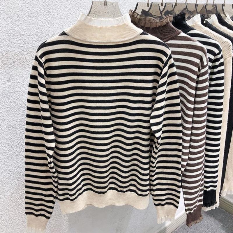 Модные облегающие свитера с высоким воротником и половинной длиной для женщин, осень-зима, полосатые, с длинным рукавом, вязаные топы, женские теплые джемперы 24873