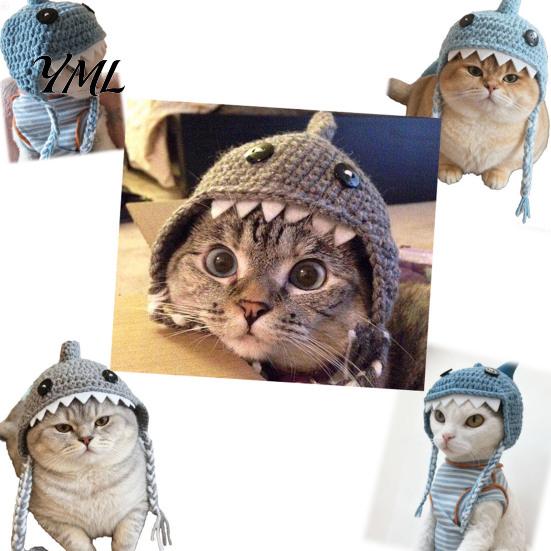 Pet Photography Props Funny Shark Cat Hat, Crocheted Hat with Braided Straps, Soft Cute Knitted for Cats Small Dogs Puppy Headwear