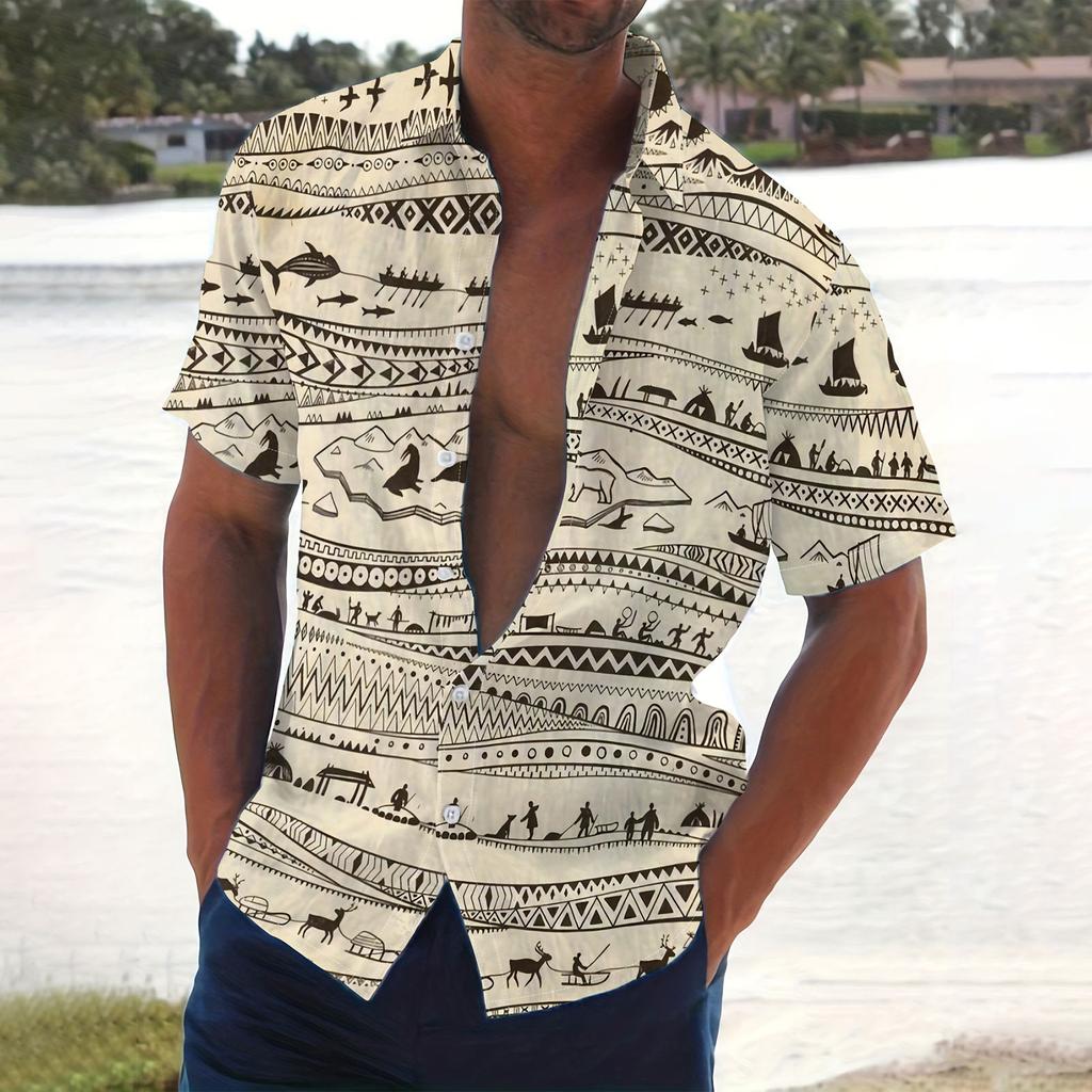Men's Summer New Loose Print Short Sleeve Shirt Cardigan Beach Shirt