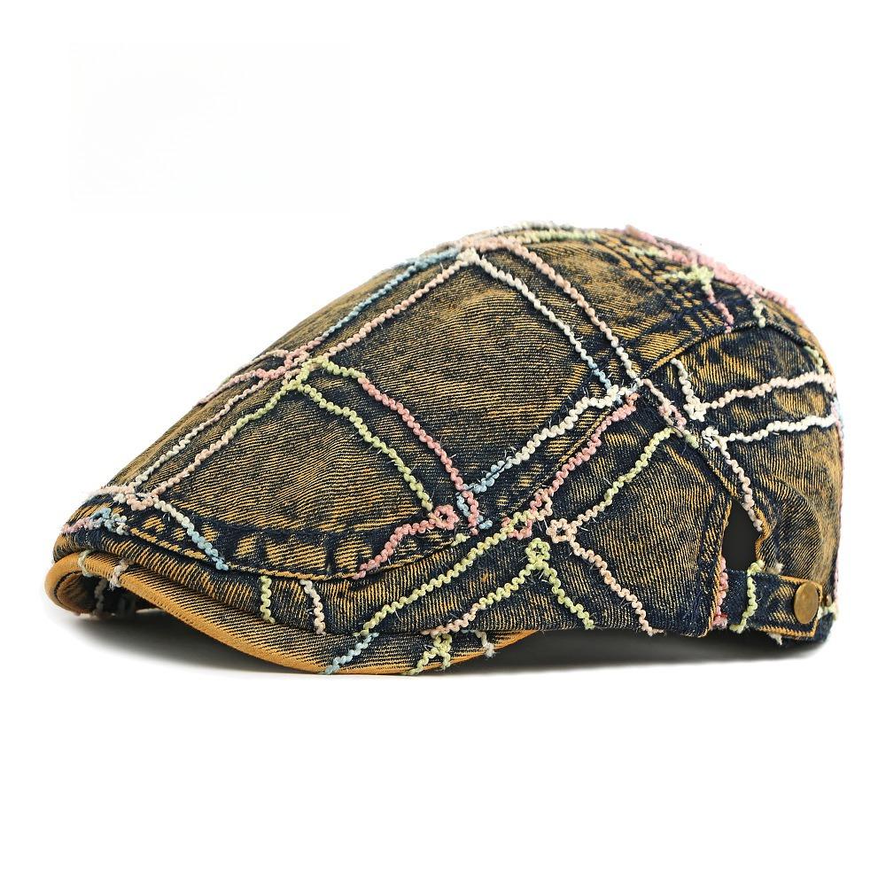 Unisex Washed Denim Flat Cap Colorful Wavy Stitching Ivy Cap Retro Duckbill Hat Gatsby Cabbie Cap Distressed Denim Beret
