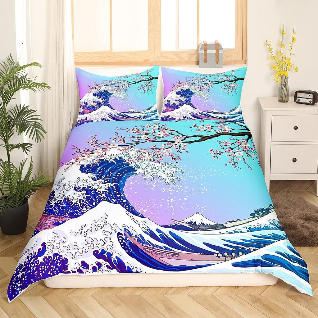 Crane Bedding Set Girl Cherry Blooming Fuji Mountain Sun Duvet Cover Kids Women Lotus Floral Comforter Cover Watercolor Decor