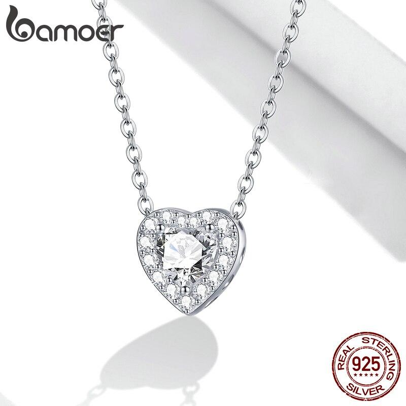 925 Sterling Silver Bright Love Necklace Chain Dazzling Shiny Heart Shape Crystal Charm Wedding Engagement Jewelry