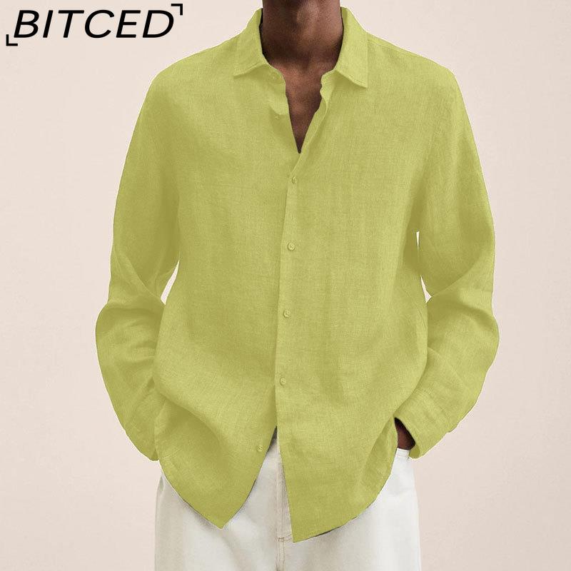 BITCED Кардиган-рубашка на пуговицах с длинным рукавом, свободного кроя, из смесовой хлопково-льняной ткани, для мужчин, на все сезоны