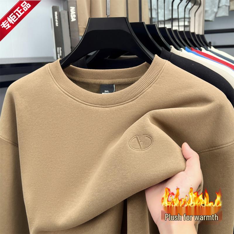 High-End Men's Royal Blue Embroidered Sweatshirt, Round Neck, Velvet-Lined for Autumn/Winter Warmth