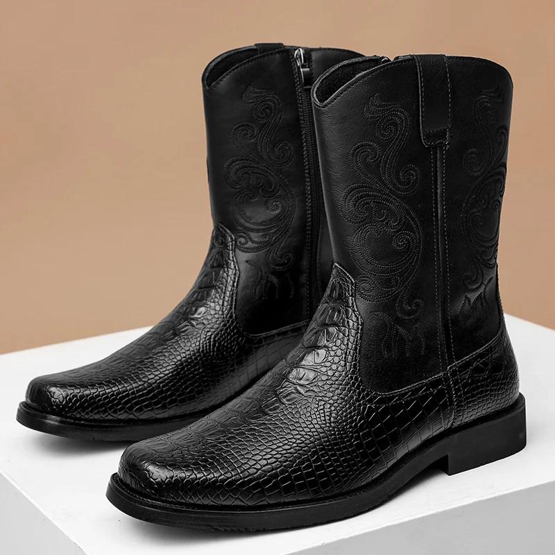 Сапоги Western Motorcycle Knight Cowboy Boots Men High Quality Вышитые кожаные сапоги Mid икры Натуральная кожаная мужская обувь с высоким верхом
