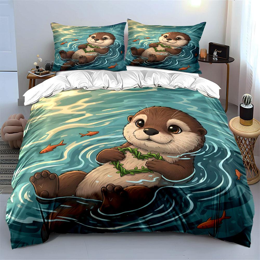 Cute Otter Floating with Heart Bedding Duvet Cover Set (1*Duvet Cover 2*Pillowcases, without duvet insert)