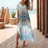 Summer Dress Beach Dress Elegant V-neck Short Sleeved Single-sided Slit Printed Casual Dresses