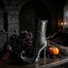 Decorative Mantel Ornament Gothic Witch Boot Vase, Halloween Table Centerpiece Black Spider Web Rose Container High Heel, Flower Holder for