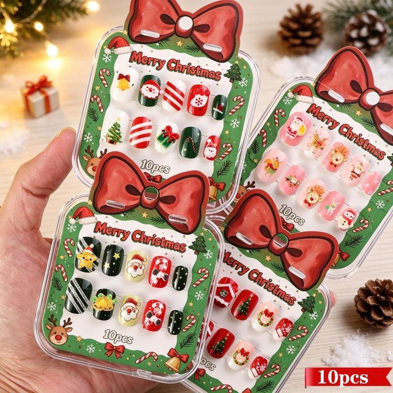 10Pcs Merry Christmas Ins Trend Press On Nails Chic Nail Patch Ladies Cute 3D Christmas Tree Santa Claus Decoration Nail Art