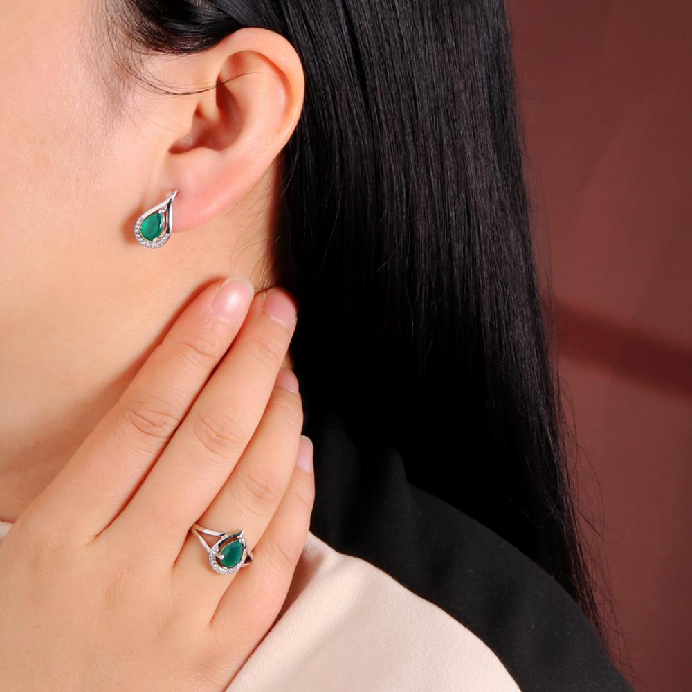 Легкий роскошный комплект колец и серег из стерлингового серебра 925 пробы, натуральный зеленый агат, драгоценный камень, подарок для дня рождения, вечеринки