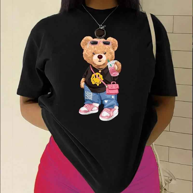 Модная женская футболка с милым мультяшным плюшевым мишкой, забавная повседневная футболка с круглым вырезом и короткими рукавами, летняя женская футболка