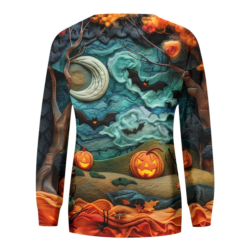 Ladies Fashion Casual Long Sleeve Halloween Printed Round Neck Hoodie Top