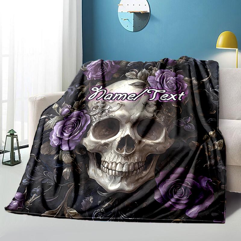 1PC Custom Name Skull Roses Artwork outdooor Flannel blankets Throw Blanket All-Season Throw Gift Bedspread for Couch, Bed, Camping Holiday Birthday g