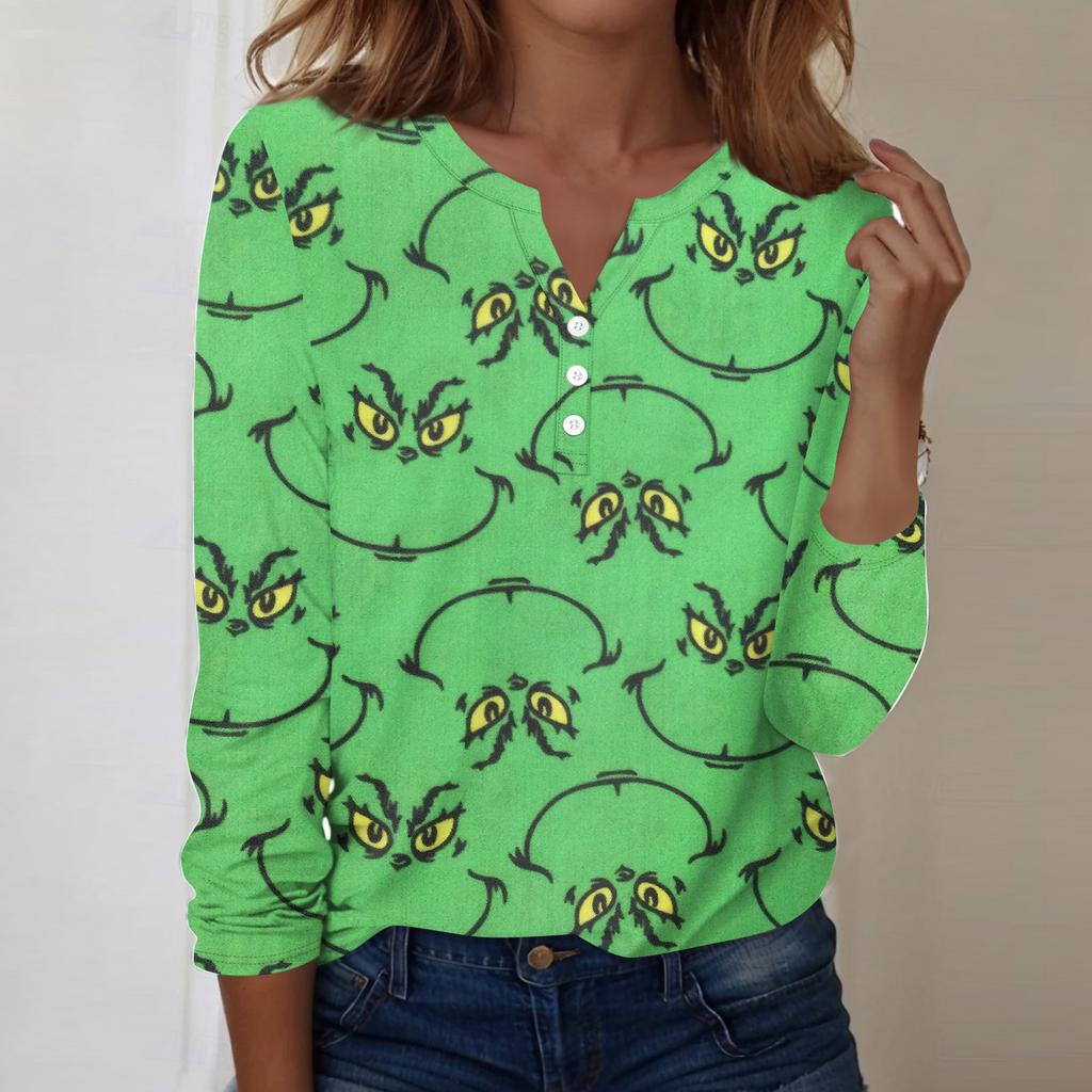 Women's Fashion Casual V-Neck Long Sleeve Decorative Button Christmas Print Top