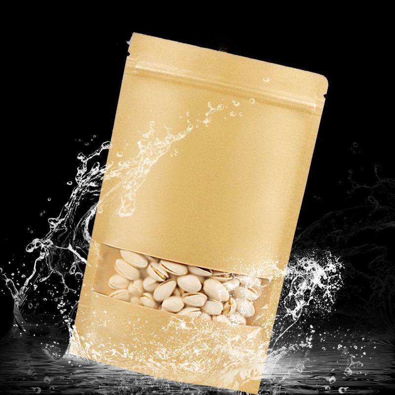 Крафт-бумажный самоподдерживающийся пакет, упаковочный пакет с самозаклеивающейся застежкой и видимым окном, экологически чистый запечатанный упаковочный пакет, доступен в нескольких размерах