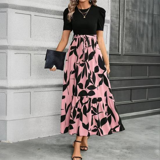 Летнее платье с круглым вырезом, коротким рукавом, высокой талией, длинное платье с принтом листьев и струящимся подолом, повседневная одежда