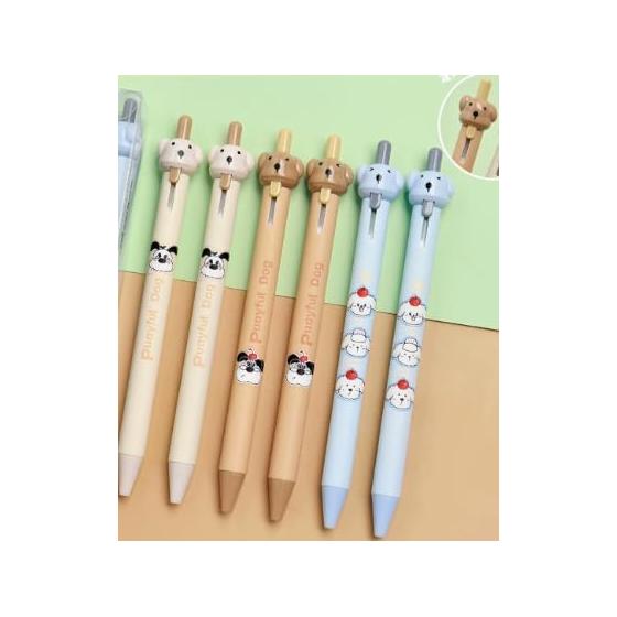Set of 6 Cute Animal Dog Ballpoint Pens, Black Ink, 0.5mm, Retractable, Gel Ink, Smooth Writing, Ideal for Diaries, Notebooks, Office Supplies,