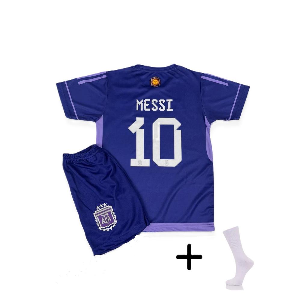 Специальная выездная детская майка нового сезона с Лионелем Месси из Аргентины (трикотаж-шорты, носки-браслет) Набор из 4 шт.