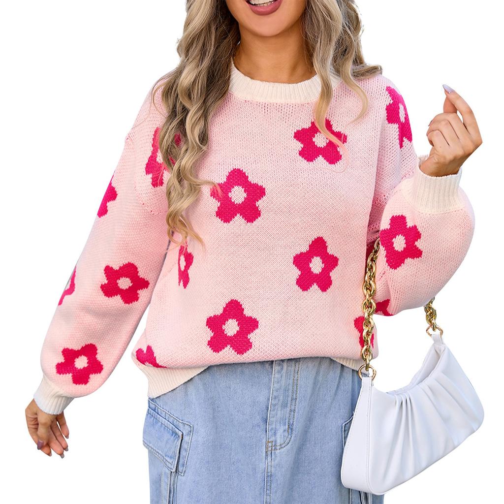 Женский повседневный модный удобный пуловер с круглым вырезом контрастного цвета с цветочным принтом и длинным рукавом уличный тренд вязаный свитер