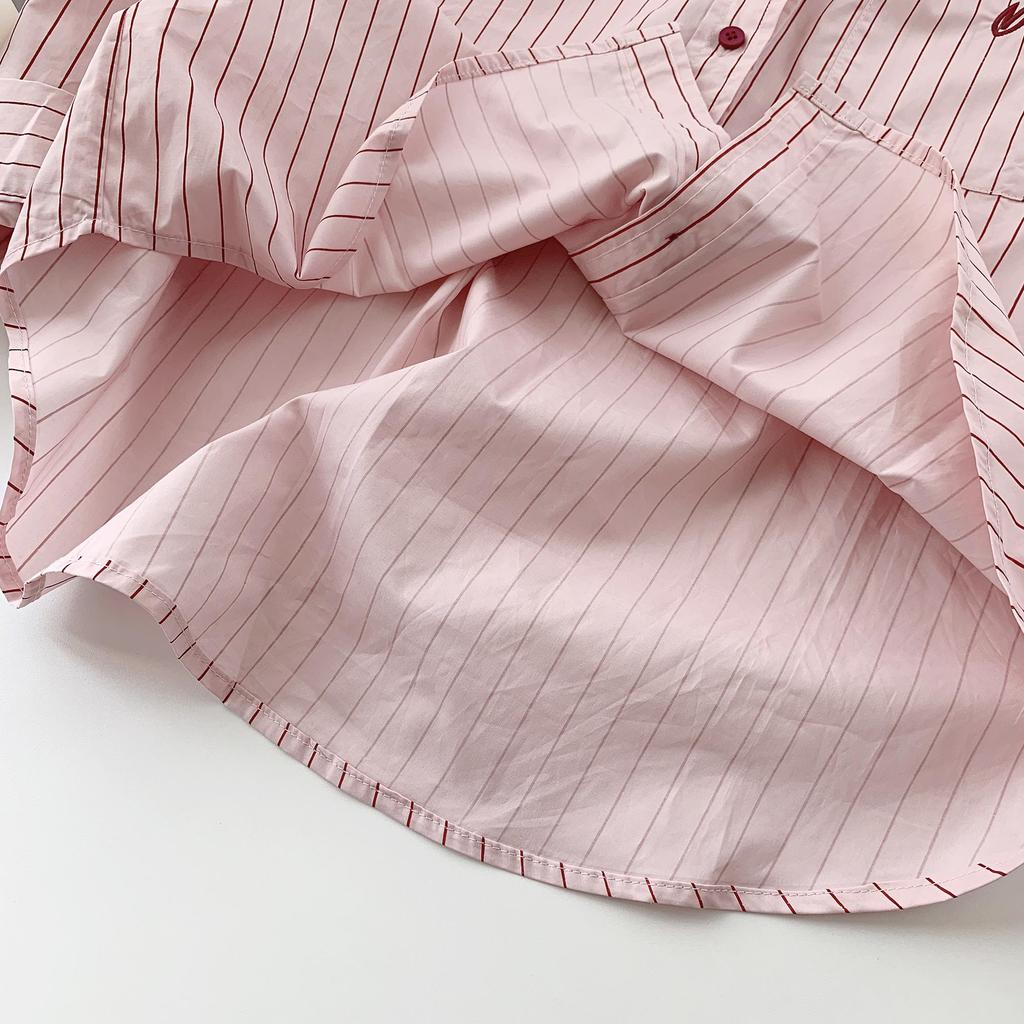 Women's Pink Pinstripe Embroidered Polo Collar Long Sleeve Shirt - Korean Spring Design