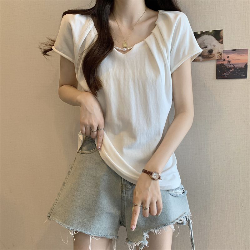 Футболка Design Sense с V-образным вырезом и короткими рукавами для женщин, летняя корейская версия, облегающий и утягивающий топ для женщин