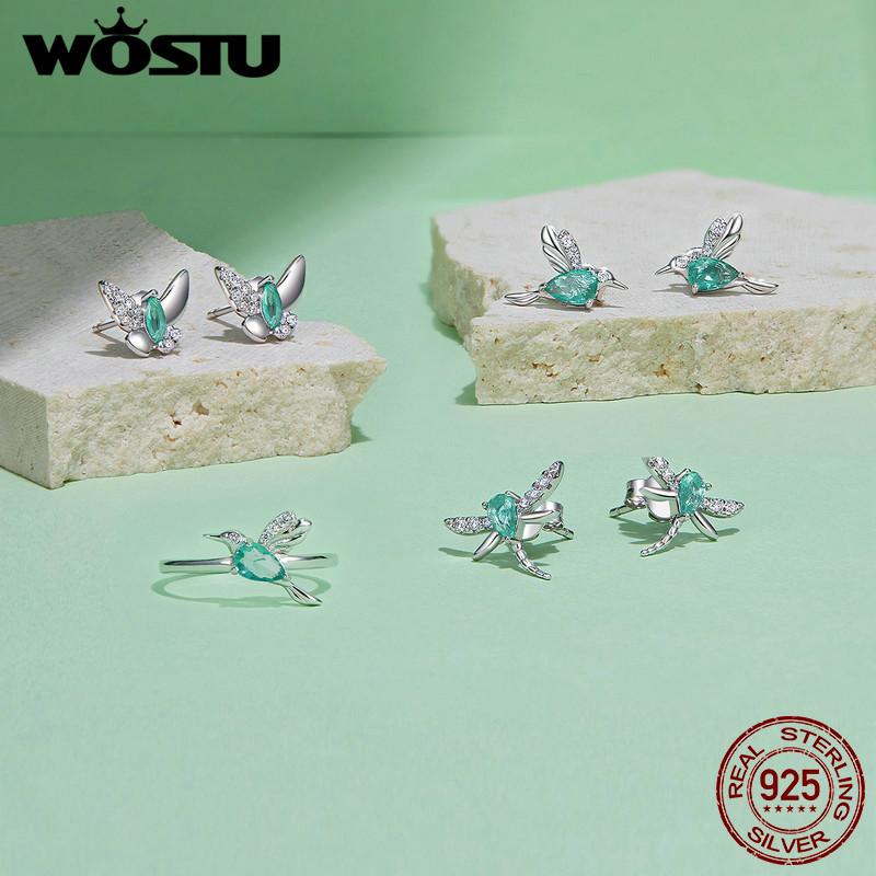 WOSTU Серебро 925 пробы Мятно-зеленый Колибри Раскрывающееся кольцо для женщин Капля Хрусталя Милые кольца-птички Вечерние украшения Подарок на день рождения