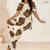 Women Plus Size Two Piece Set Round Neck Short Sleeve Side Split Printed Top Fitted Pants