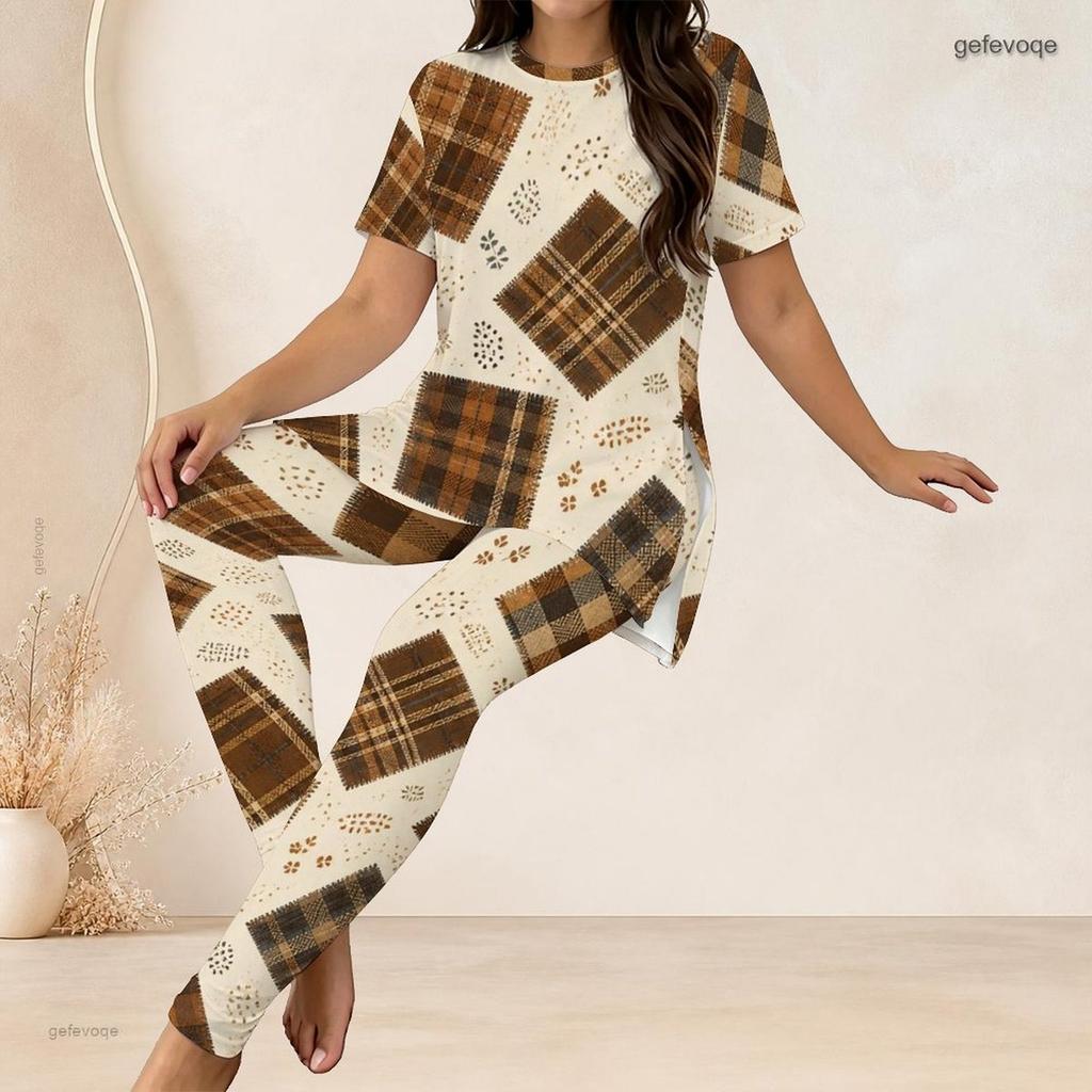 Women Plus Size Two Piece Set Round Neck Short Sleeve Side Split Printed Top Fitted Pants