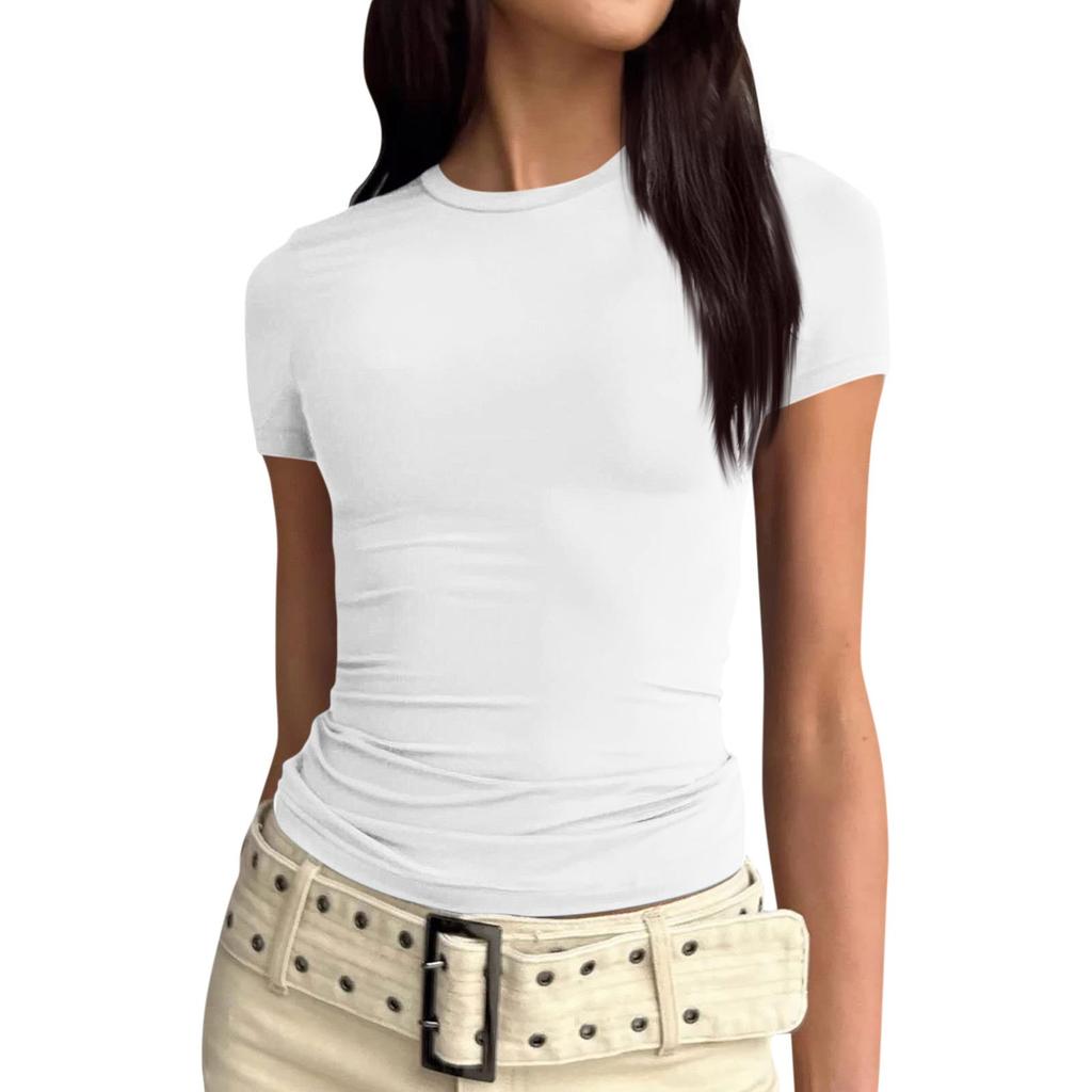 Women Short Sleeve Soild Sexy Cute Tee Slim Fit Tight Crop-Top T Shirt