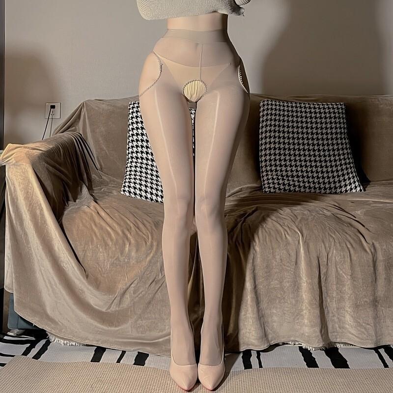 Масляные Шелковые Чулки Комбинезон Чулки с Лошадиным Маслом Шелковисто-Гладкие Блестящие Женские Леггинсы Четырехсторонний Открытый Крой Черный Шелк Черный YE32