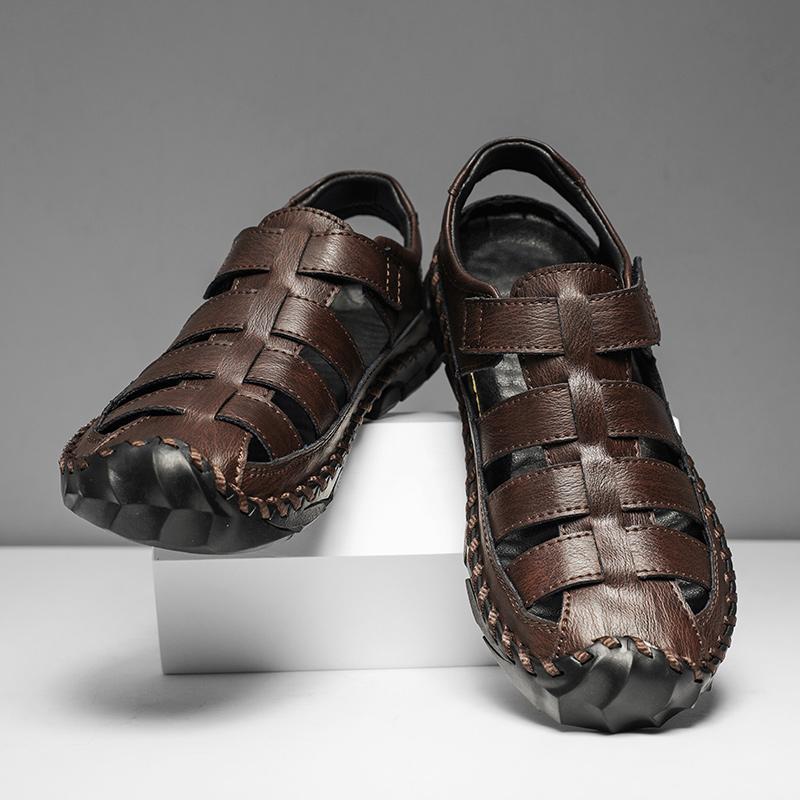 Модные сандалии из натуральной кожи для мужчин, лоферы с круглым носком, легкие, удобные, пляжные туфли на плоской подошве, новые модные универсальные летние мужские сандалии