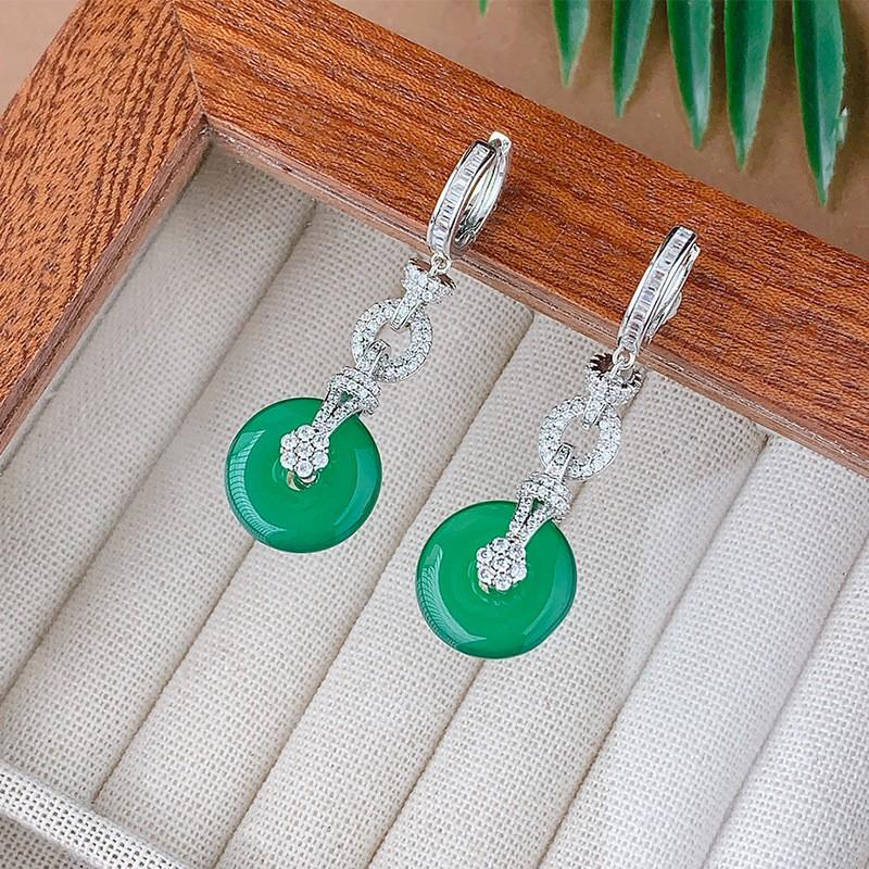 Vintage Green Chalcedony Jewelry Set Women Earrings Necklace Ring With Pendant Copper Box Chain Ethnic Chinese Style