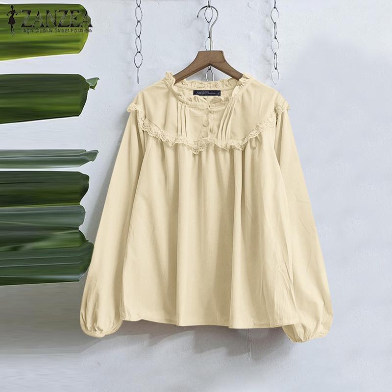 ZANZEA Женские винтажные кружевные блузки с круглым вырезом и длинным рукавом в полоску