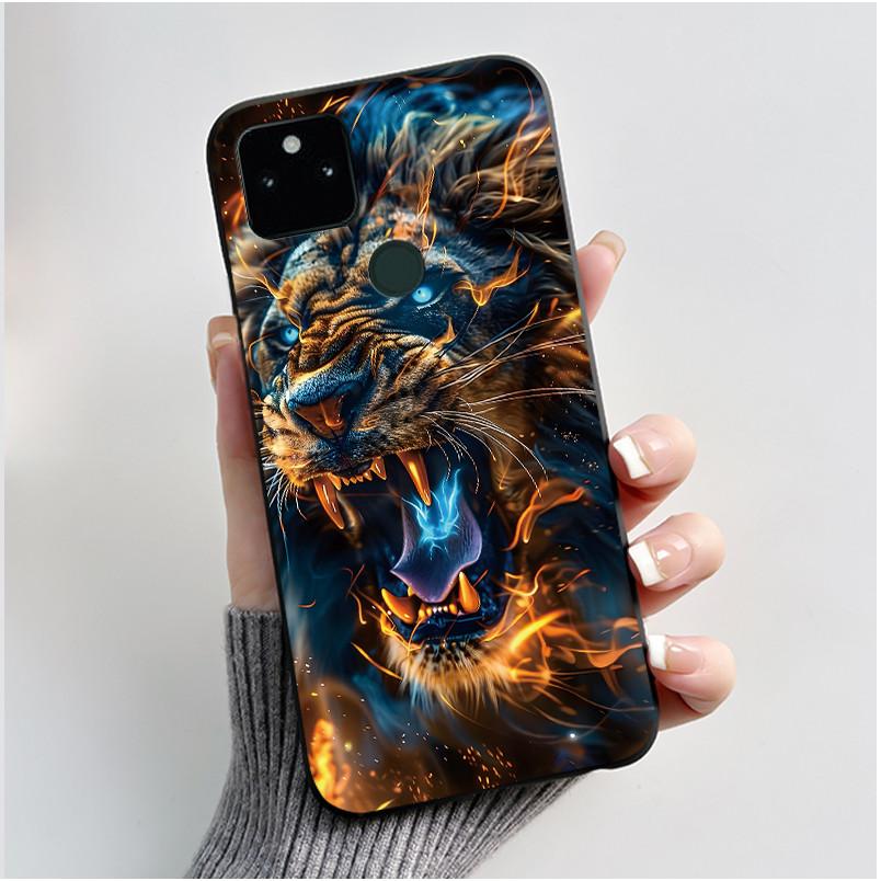 For Google Pixel 5a Soft Silicone Black Case Trendy Style Cartoon Pattern Fluffy Bunny, Milk Tea Rabbit, Rabbit Lamp Casing