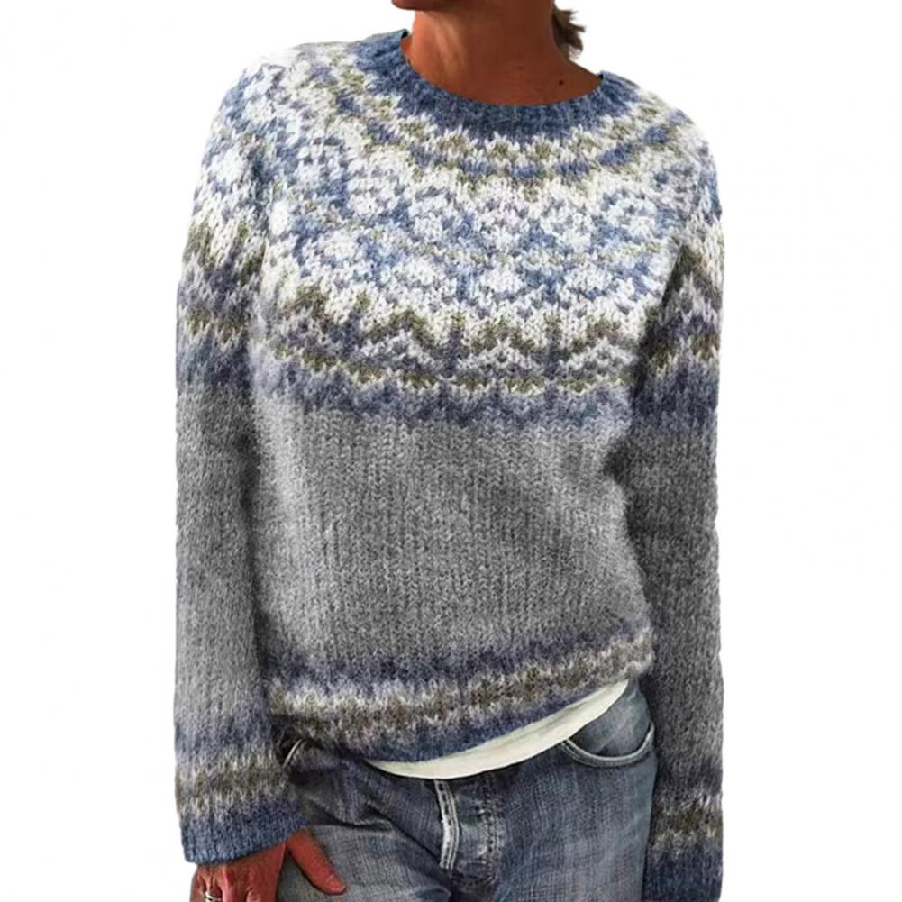 Вязаный свитер с геометрическим узором в стиле пэчворк, женский свитер с круглым вырезом, длинным рукавом, свободный крой, вязаный крючком топ в цветном стиле