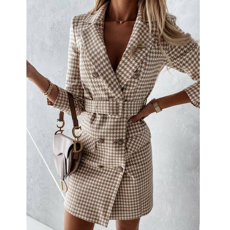 Женское классическое свободное платье с узором «гусиные лапки», женское двубортное твидовое офисное платье-пиджак, женское клетчатое платье с поясом
