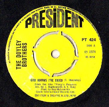 7-дюймовая пластинка DOYLEY BROTHERS - God Knows I've Tried PT424 President Record, 1974, Великобритания, поп-музыка, б/у