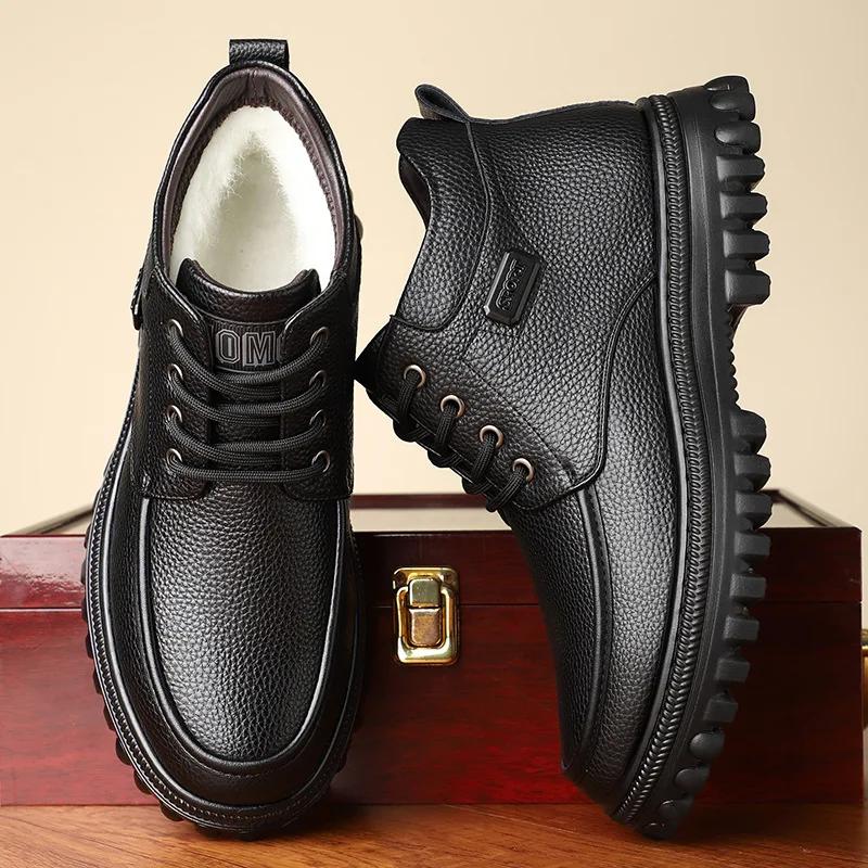 Мода 2024 года, новые дизайнерские зимние ботинки для мужчин, модные повседневные черные теплые хлопковые ботинки из коровьей кожи, мужские ботильоны на платформе для мужчин