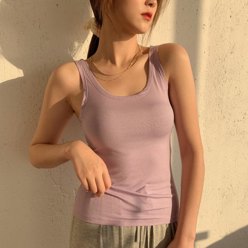 Summer Elastic Tank Tops Slim Fit U-Neck Camis Ribbed Sleeveless Base Layer Shirt Solid Color Camisole All Match