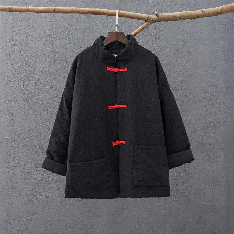 Johnature Women Solid Color Ramie Stand Cotton Clothing Button Pocket Long Sleeve Coats Winter Chinese Style Coat