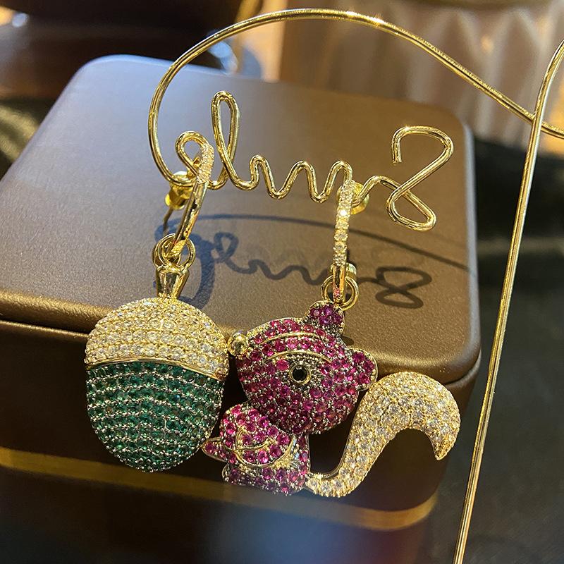 Trendy Squirrel Fruit 925 Silver Needle Earrings for Women Asymmetrical Cute Temperament Dangle Earrings Party Jewelry Gifts