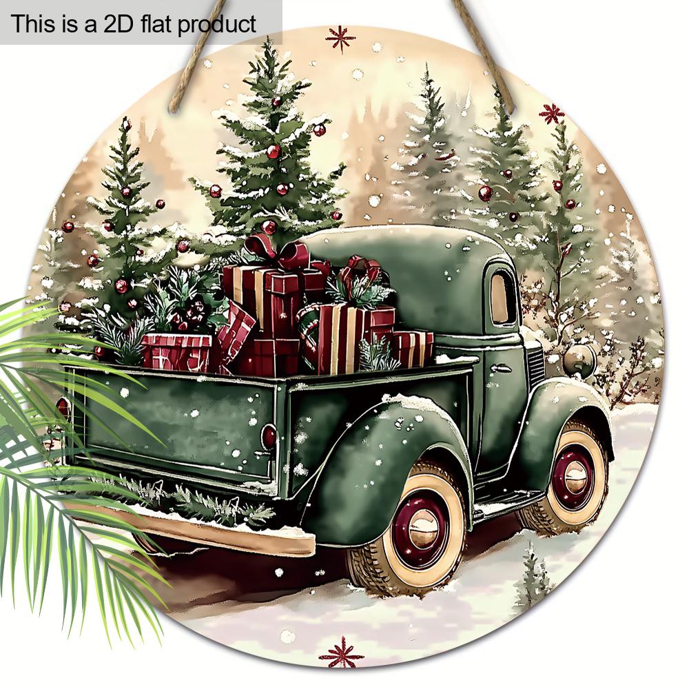 Рождественская деревянная табличка с рисунком винтажного пикапа, теплая зимняя круглая табличка для декора на входную дверь или стену, идеальное рождественское украшение