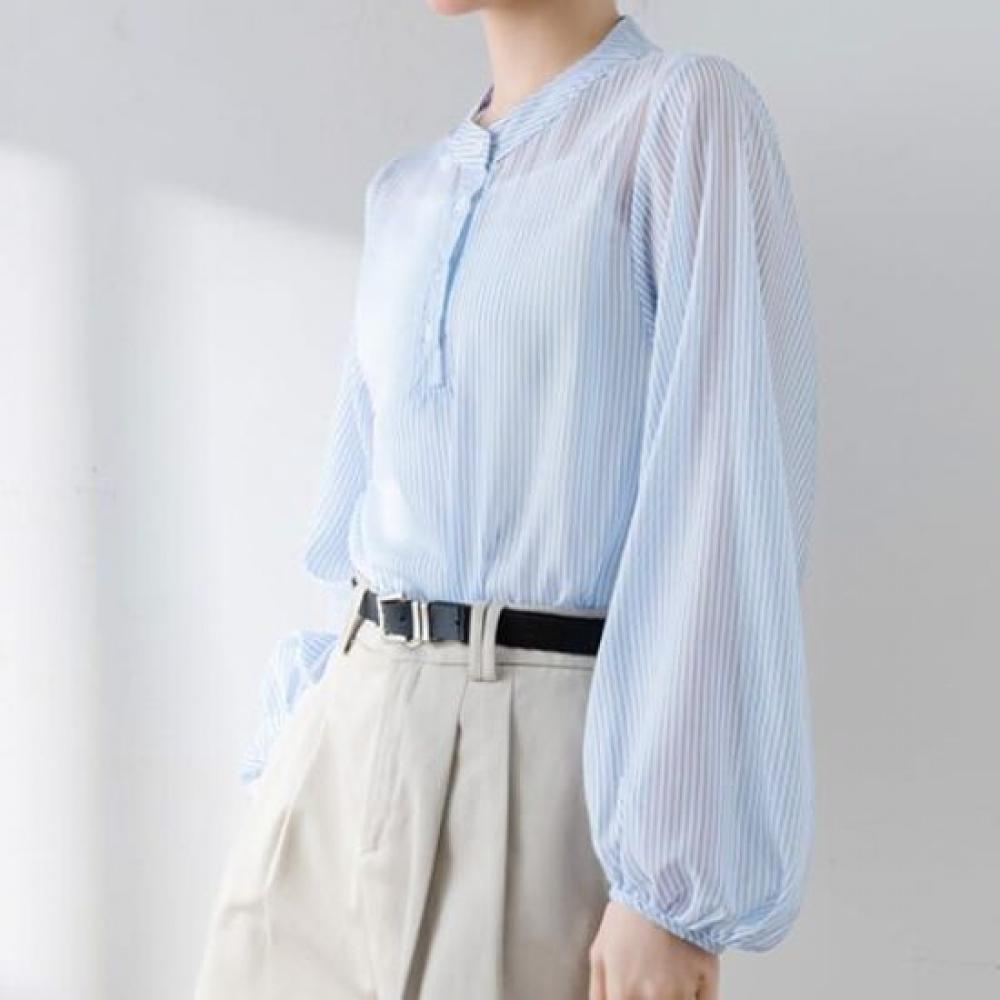 Navava Women Light Sheer Stripe Long Sleeve Blouse Nb2552