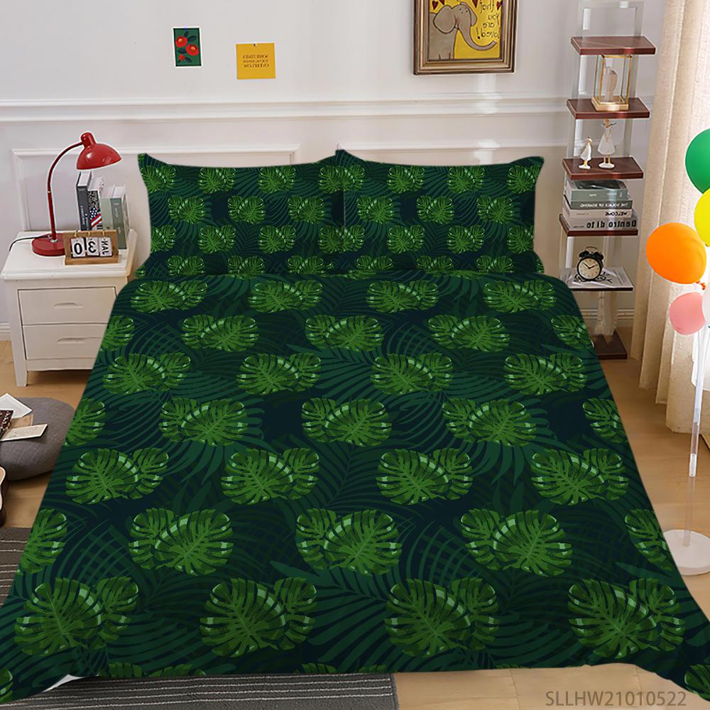 3D Green Leaf Bedding Plant Down Quilt Cover and Pillowcase 2 or 3 Pieces of Microfiber Fabric with Zipper Washable Super Soft Home Decoration