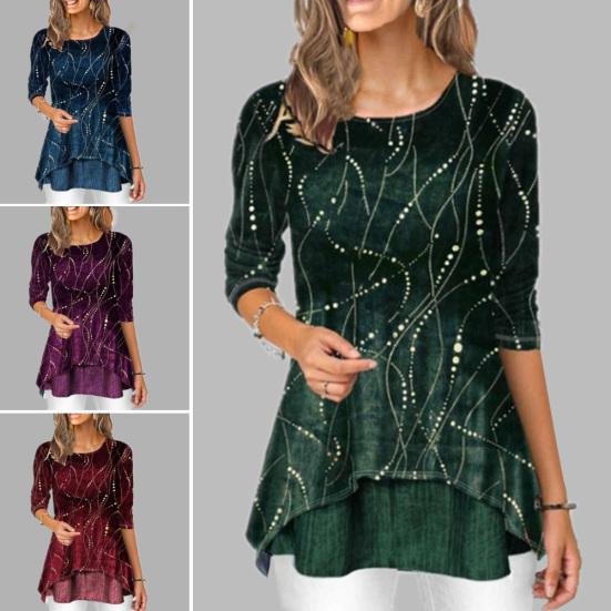 Большие размеры Модная женская рубашка с цифровым принтом 45355 с круглым вырезом и рукавом