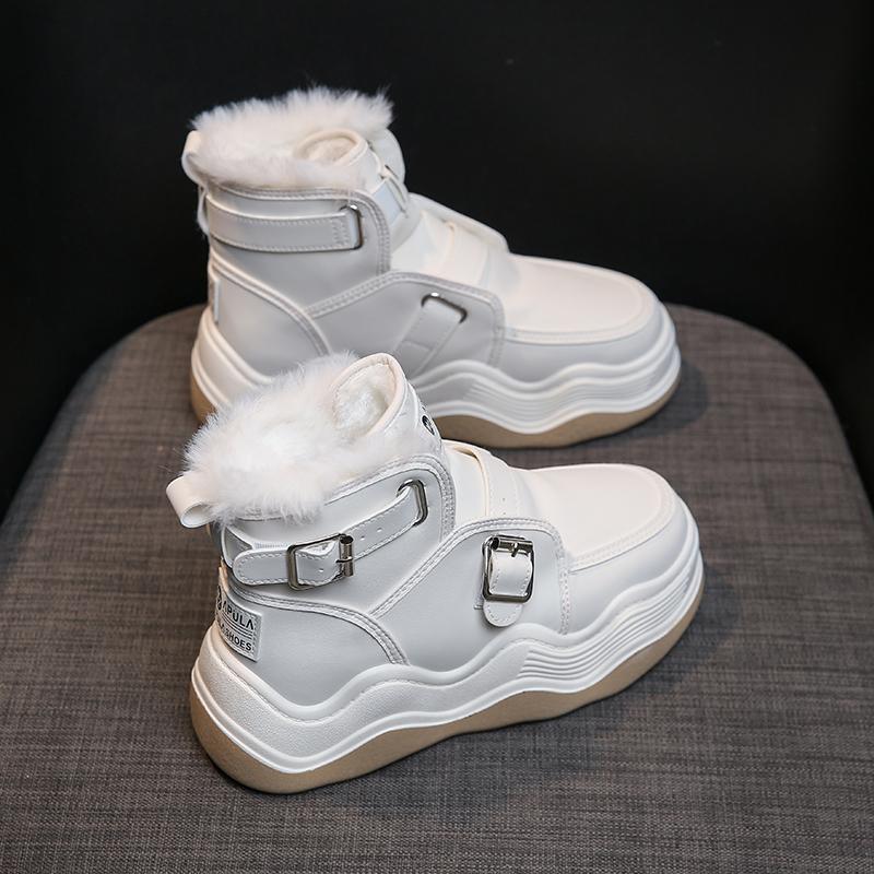 2024 Новый стиль, утолщенные высокие женские туфли с флисовой подкладкой, модные универсальные хлопковые короткие белые туфли-трубы для летнего сезона