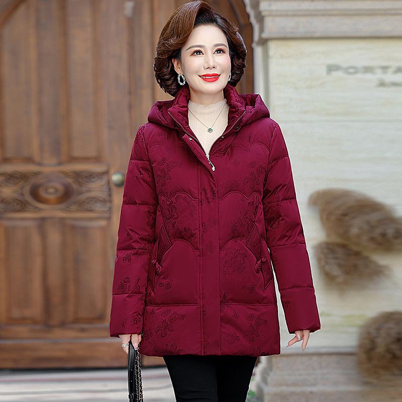 Пуховик женский средней длины зимний новый стиль с капюшоном модный тонкий большой размер женская куртка для мам